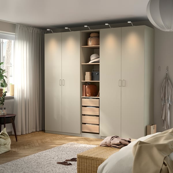 PAX / FORSAND Wardrobe combination, grey-beige/white stained oak effect grey-beige, 250x60x236 cm