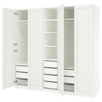 A white ikea PAX wardrobe with adjustable shelves and drawers, featuring a sleek design.