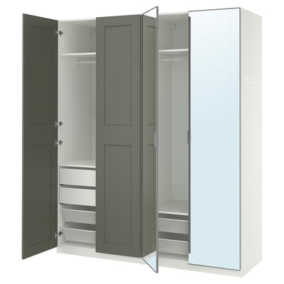 PAX / KAMMARTORP/GRIMO Wardrobe combination, white mirror glass/grey grey-green, 200x60x236 cm
