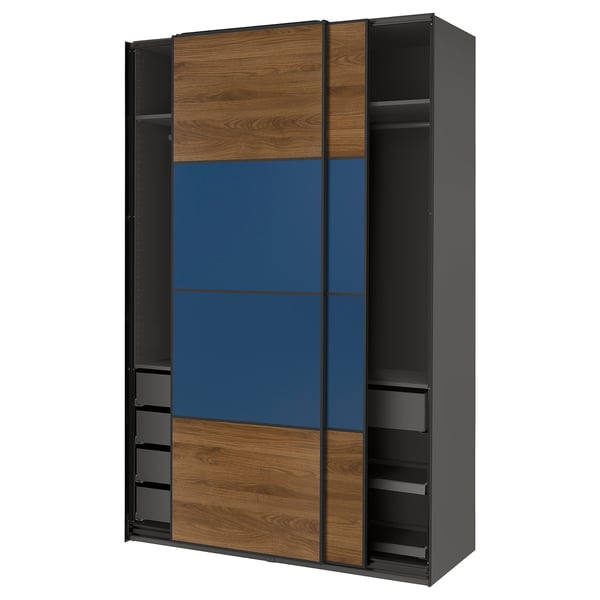 This image shows an IKEA PAX wardrobe with a wooden top, blue middle, and black sides featuring sliding doors and shelves.