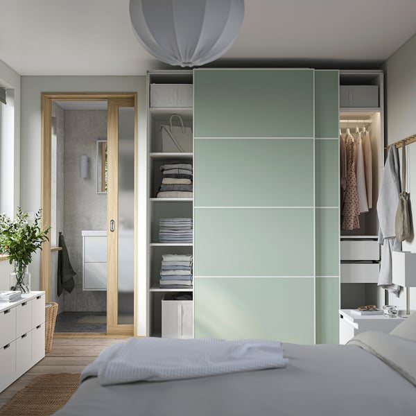 PAX / MEHAMN Wardrobe with sliding doors, white/double sided light green, 200x66x236 cm
