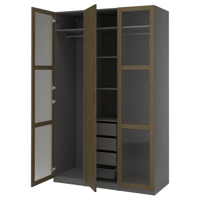 PAX / TONSTAD Wardrobe combination, dark grey brown/stained oak veneer glass, 150x60x236 cm