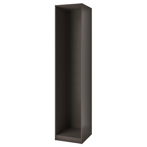 Black PAX wardrobe frame, minimalist design, adjustable feet, particleboard and laminate.