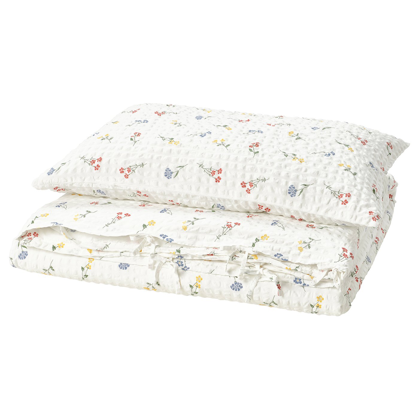 PILDVÄRGMAL duvet set, white with colourful floral prints and seersucker texture, soft cotton-viscose blend.