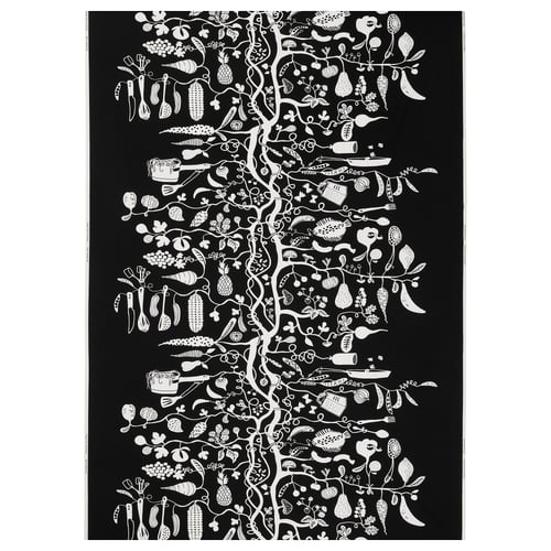 Black cotton apron with white tree food design, recycled.