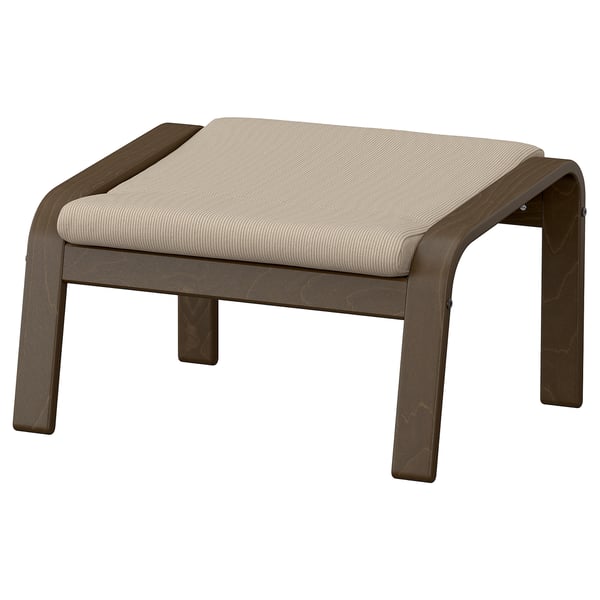 Dark brown arched wooden footstool with beige cushioned seat.