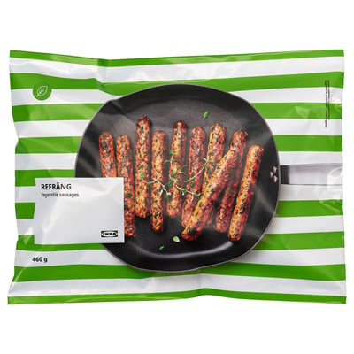 IKEA refrång vegetable sausages bag, showing cooked sausages on a pan.