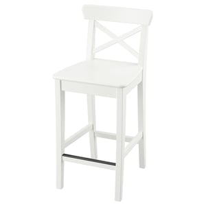 ROSENTORP white bar stool; wooden, counter height, backrest, footrest.