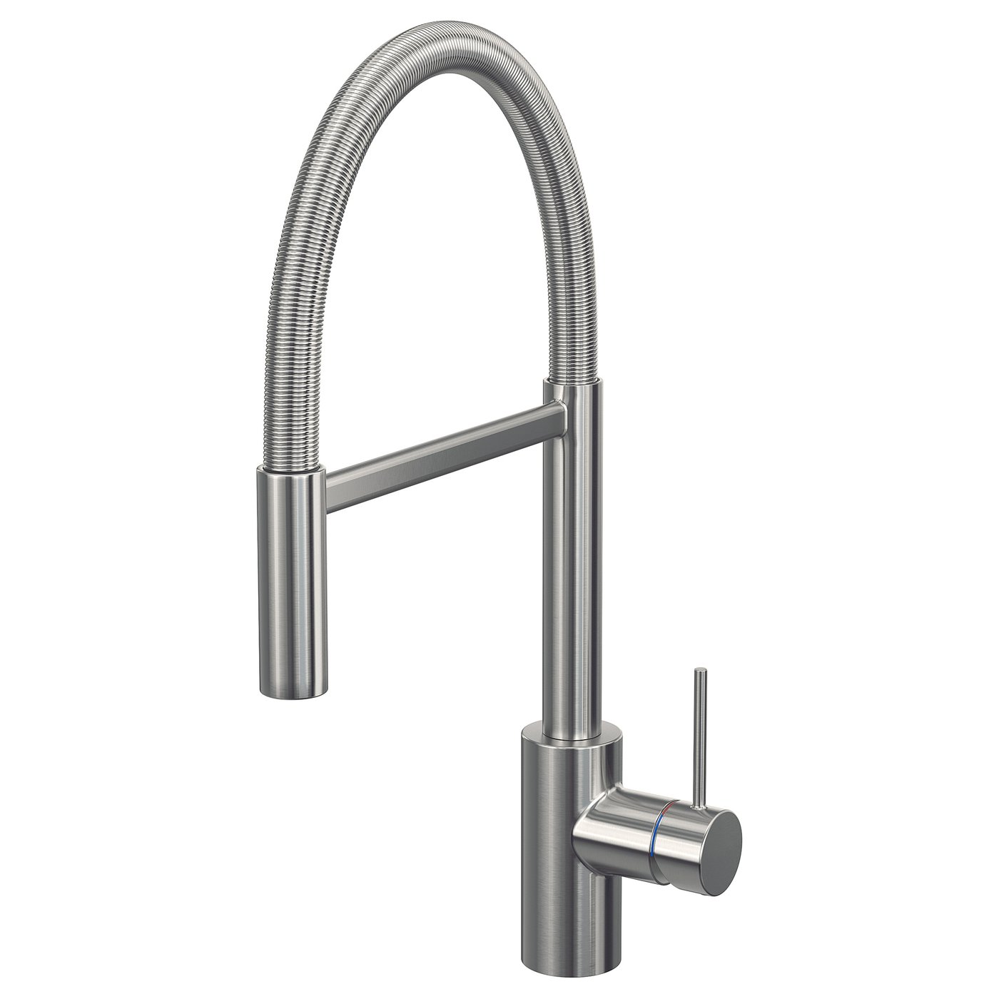 A SALLSJÖN kitchen tap in stainless steel with a sleek, high-arc gooseneck and dual-spray pull-down spout.