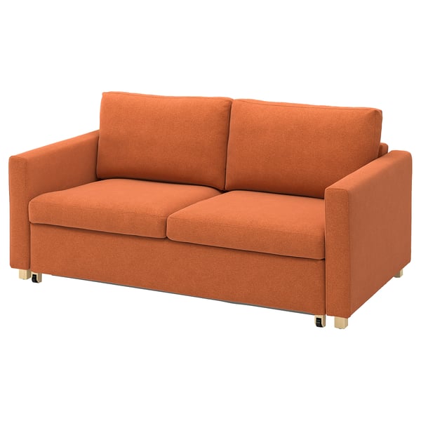 A burnt orange, two-seater convertible sofa with sleek wooden legs. Its designed for comfort and simplicity, suitable for small spaces.