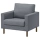 Modern grey fabric armchair with wooden legs, square shape, minimalist design.