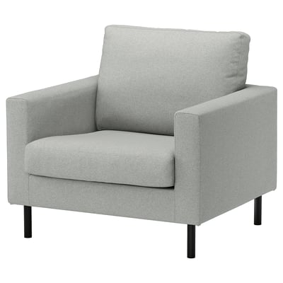 SALTSJÖBADEN armchair: modern, light grey, soft fabric, square, with metal legs.