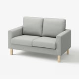 Light grey SALTSJÖBADEN couch with light wood legs. Modern and minimalistic, it is 100% polyester, square-shaped, and has a clean design.