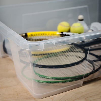 Clear plastic SAMLA box, square shape, transparent, sturdy, no lid.