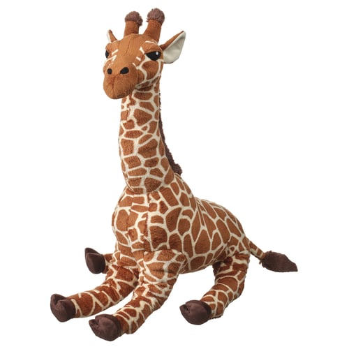 Giraffe cuddly toy, brown and white, sitting, recycled materials.
