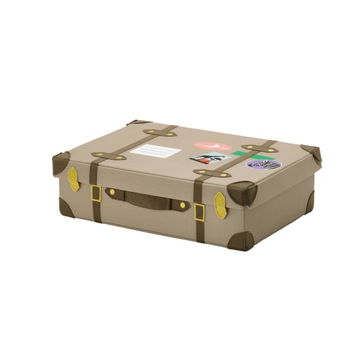 Tan travel trunk with brown straps, yellow buckles, and colourful stickers. Rectangular, flat top, made of recycled polyester.