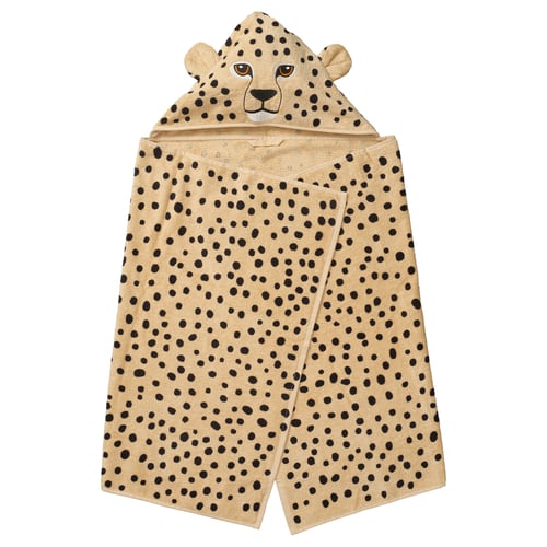 Kids cheetah towel: sandlopa, tan with black spots, soft cotton, hooded with face design.
