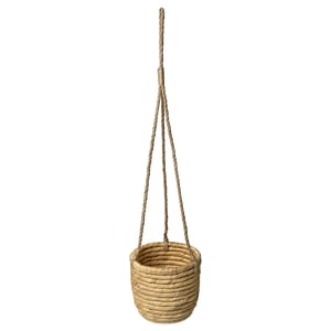 Natural SANDÖDLA hanging basket. Circular design with sedge and water hyacinth. Hangs via jute ropes.