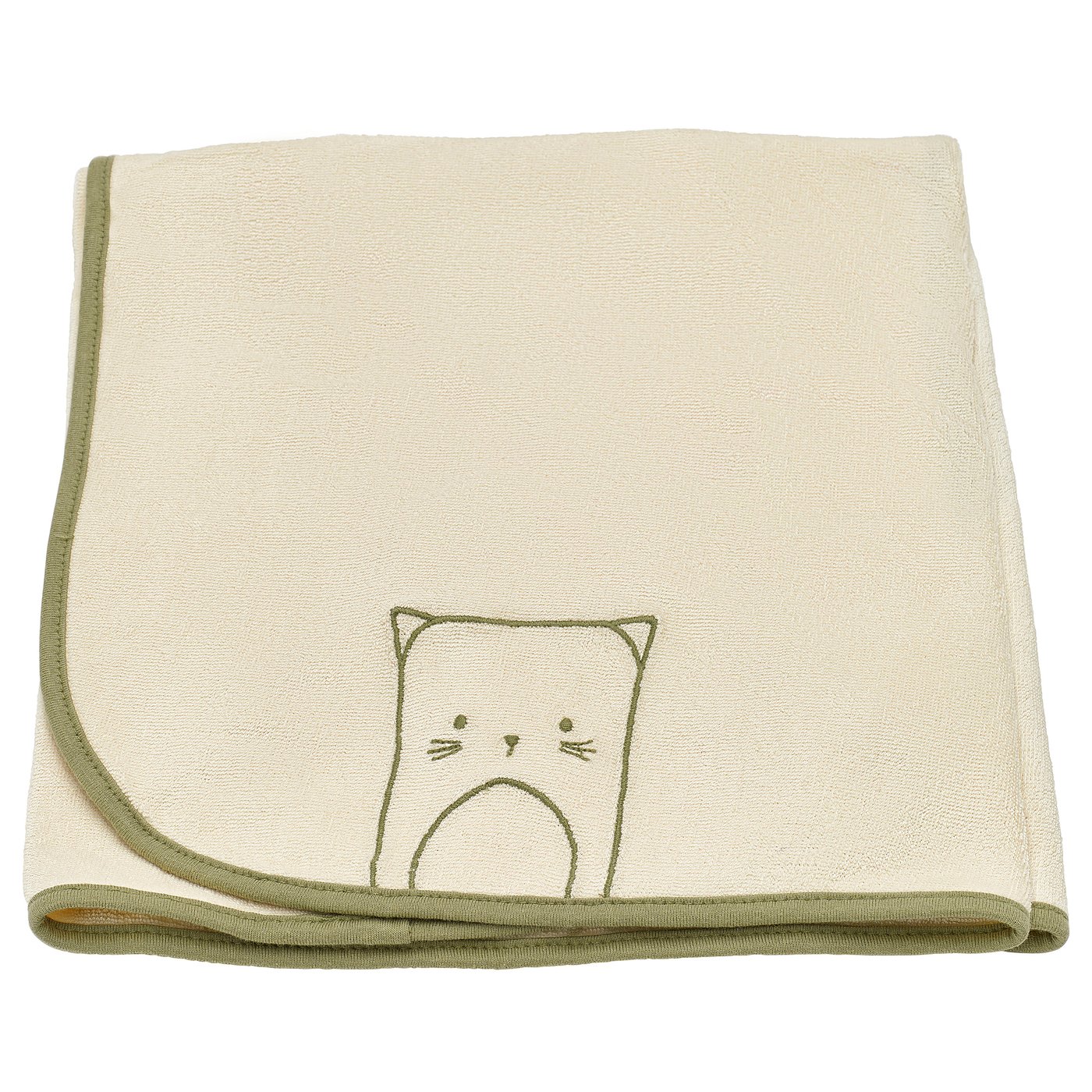 A folded SKÖTSAM organic cotton baby blanket, beige with green trim. It an embroidered green cat design near the edge.