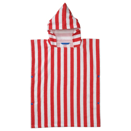 Red and white striped bath poncho for kids, made of cotton, with hood and side fastenings.