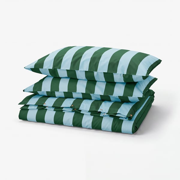 SLÅNHÖSTMAL Duvet cover and 2 pillowcases, light blue dark green/stripe, 240x220/50x80 cm
