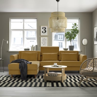 SLATORP 3-seat sofa with chaise longue, Hakebo yellow-brown