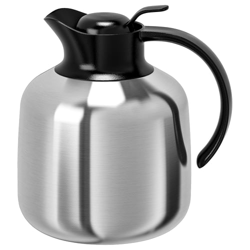 Silver vacuum flask, black lid and handle. Stainless steel body, round shape. Designed for long-term temperature retention.