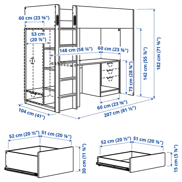 SMÅSTAD Loft bed, white white/with desk with 2 shelves, 90x200 cm