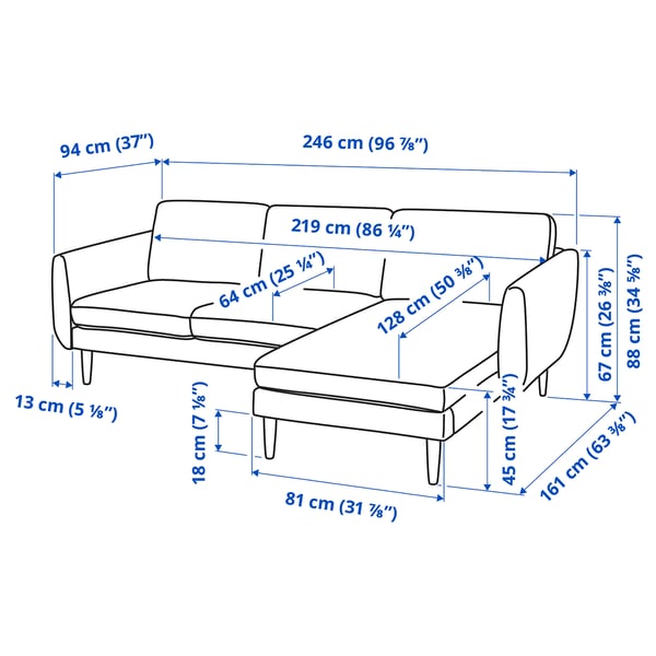 SMEDSTORP 3-seat sofa with chaise longue, Djuparp/dark grey birch