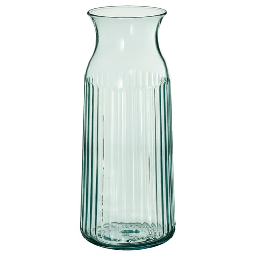 SMÖRFISK clear glass carafe with vertical ribs, simple design, easy grip neck.