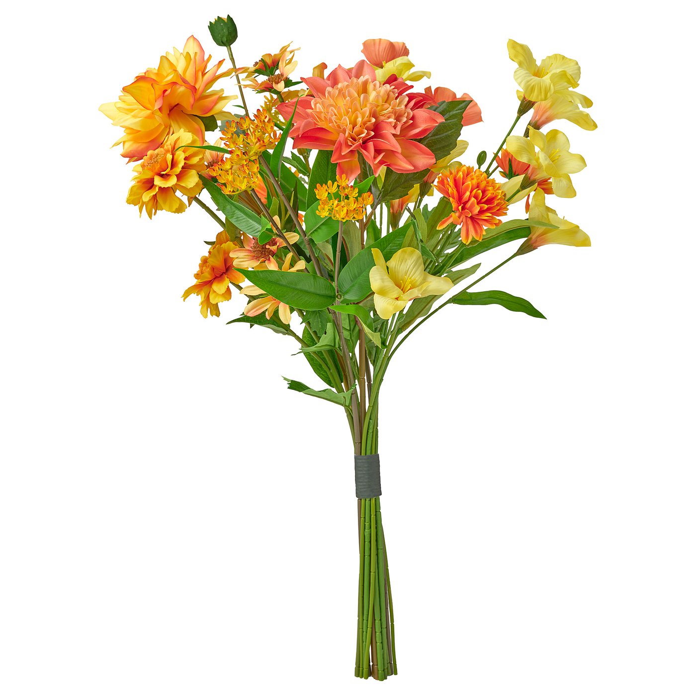 SMYCKA bouquet: yellow-orange flowers, green leaves, ribbon, recycled materials.