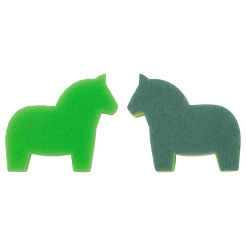 Two green sponges shaped like swedish dala horses, one side soft, one side coarse.