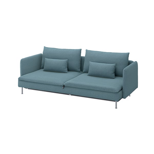A modern blue SÖDERHAMN sofa with metal legs and cushions. Its low and comfortable.