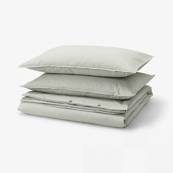 SOLFIBBLA Duvet cover and 2 pillowcases, white green/stripe, 200x200/50x80 cm