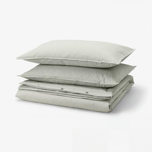 SOLFIBBLA Duvet cover and 2 pillowcases, white green/stripe, 200x200/50x80 cm