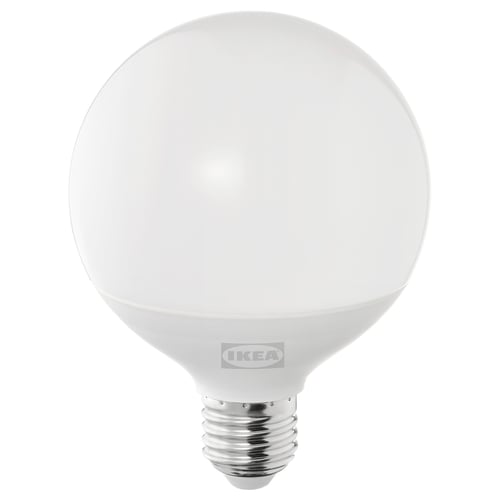 IKEAs SOLHETTA led bulb, warm-white, spherical, plastic, dimmable.