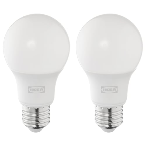Two ikea SOLHETTA led bulbs, white, spherical shape with a silver base, dimmable, warm-white light.