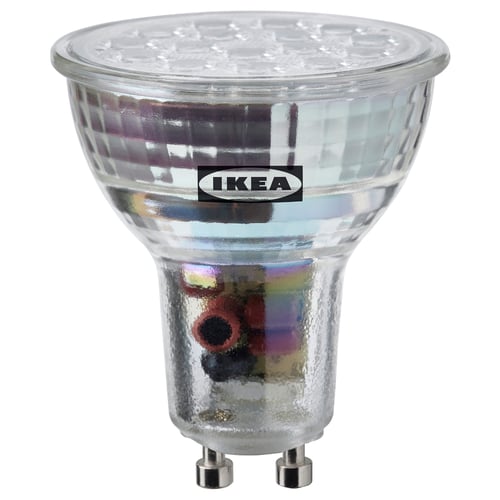 IKEAs SOLHETTA led light bulb, warm-white, small, round, plastic. Dimmer-compatible, long-lasting, energy-efficient.