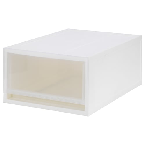 A white soprot storage drawer made of polypropylene plastic, designed to be stacked and pulled out.