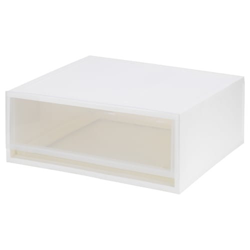 A white SOPPROT pull-out storage unit made of plastic, with a transparent front.