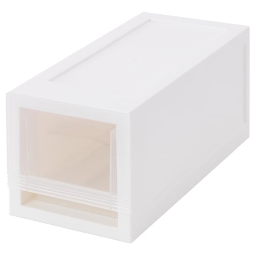 White rectangular storage box, modern design, easy pull-out drawer, polypropylene plastic.