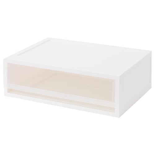 A white SOPPROT pull-out storage unit, rectangular and made of polypropylene plastic. Its designed to be stacked and easily opened.