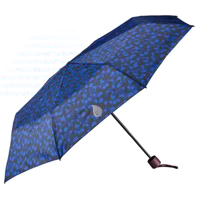 Open blue patterned umbrella with smiley face, recycled fabric, steel frame, brown handle.