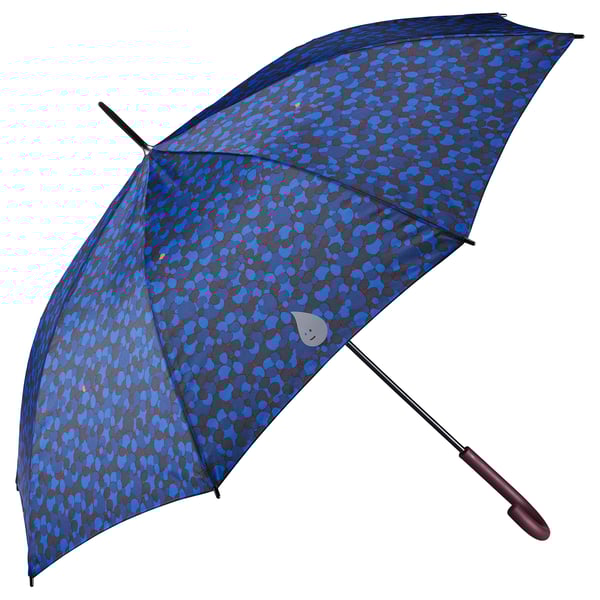 Open blue patterned umbrella with wooden handle, featuring recycled polyester fabric.