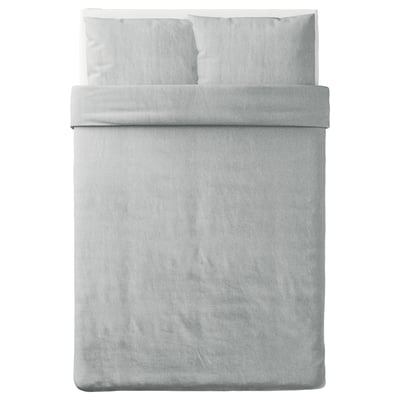 A neatly made bed with SPJUTVIAL grey duvet cover and pillows, featuring soft jersey knit, zip closure, and made from 100% cotton.