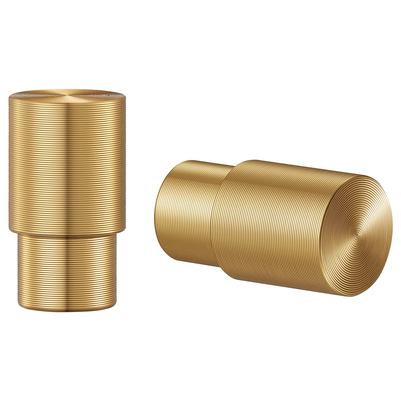 Two golden, cylindrical brass knobs with vertical ridges. One upright, one angled, both sleek and modern.