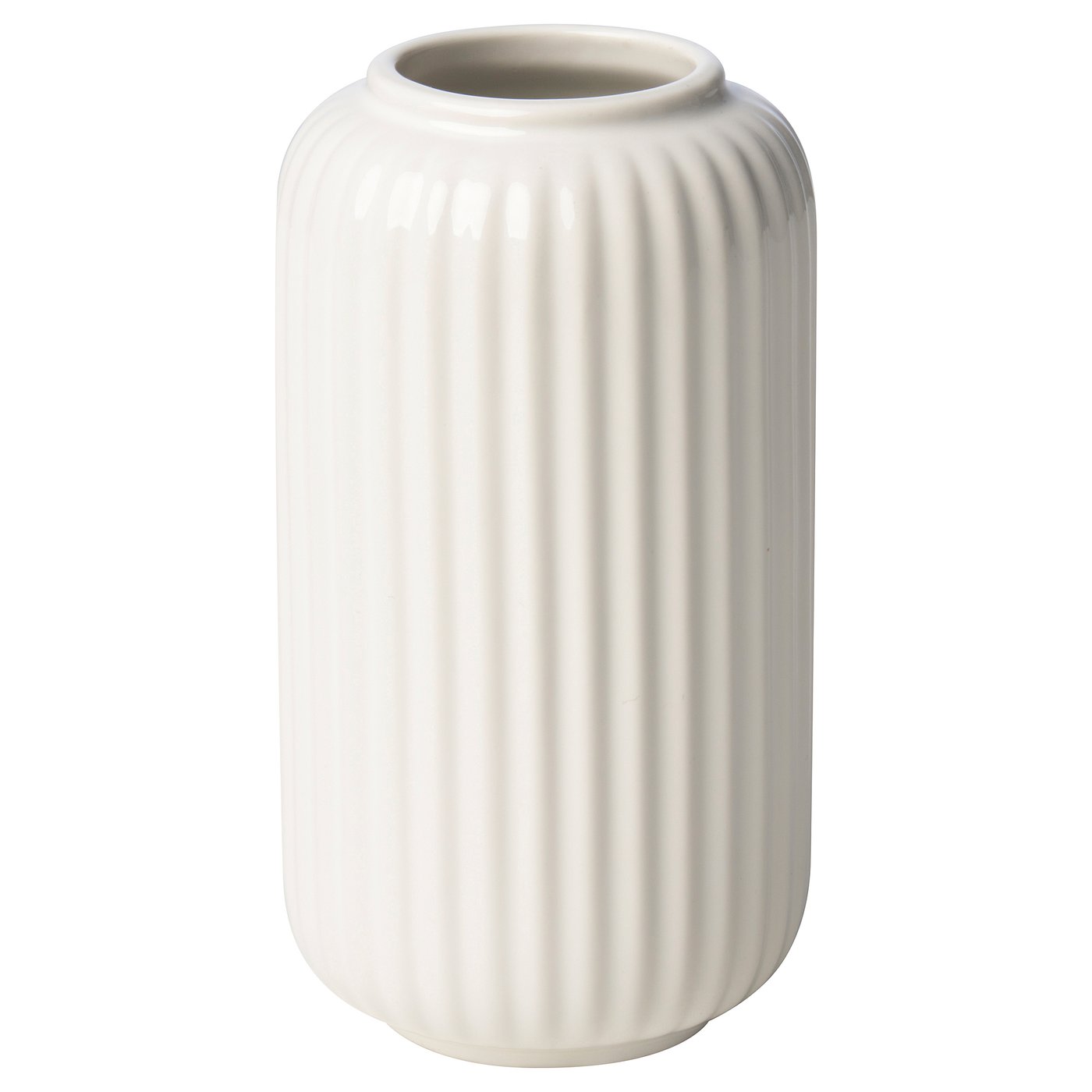 A white STILREN vase made of stoneware with a ridged design. Its cylindrical and elegant, perfect for displaying flowers.