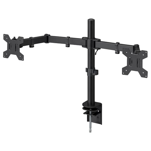 Black dual monitor stand mounts screens vertically and horizontally using clamp, steel and plastic.