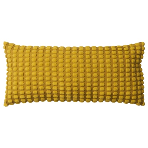 SVARTPOPPEL, yellow cushion, round pattern, soft textured, rectangular shape.