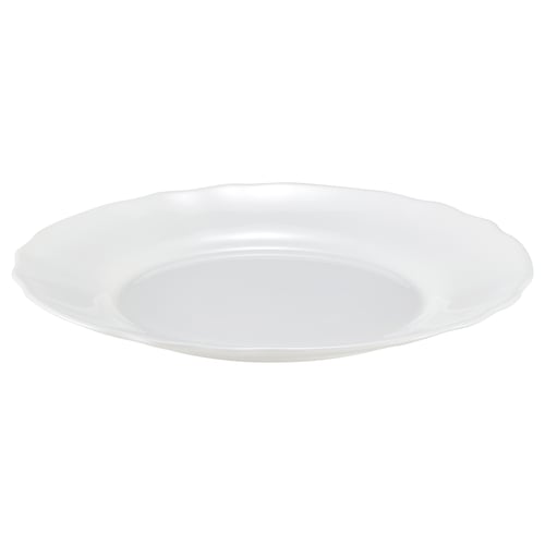 SVENSKMÅLLA white glass plate, elegant wavy edge, tempered opal glass, round shape.